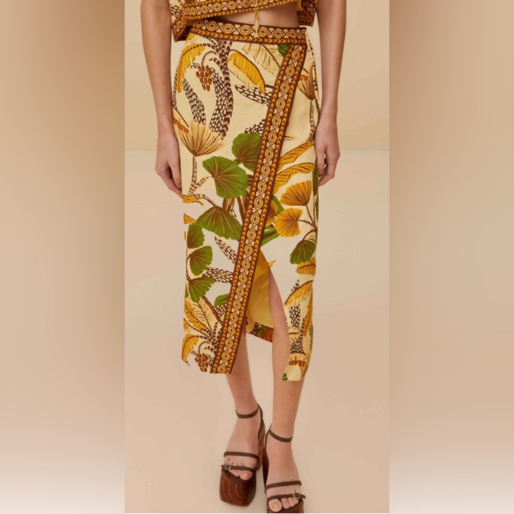 FARM RIO SAND FOLIAGE SKETCH MIDI SKIRT MEDIUM NEW NWT - Picture 3 of 15